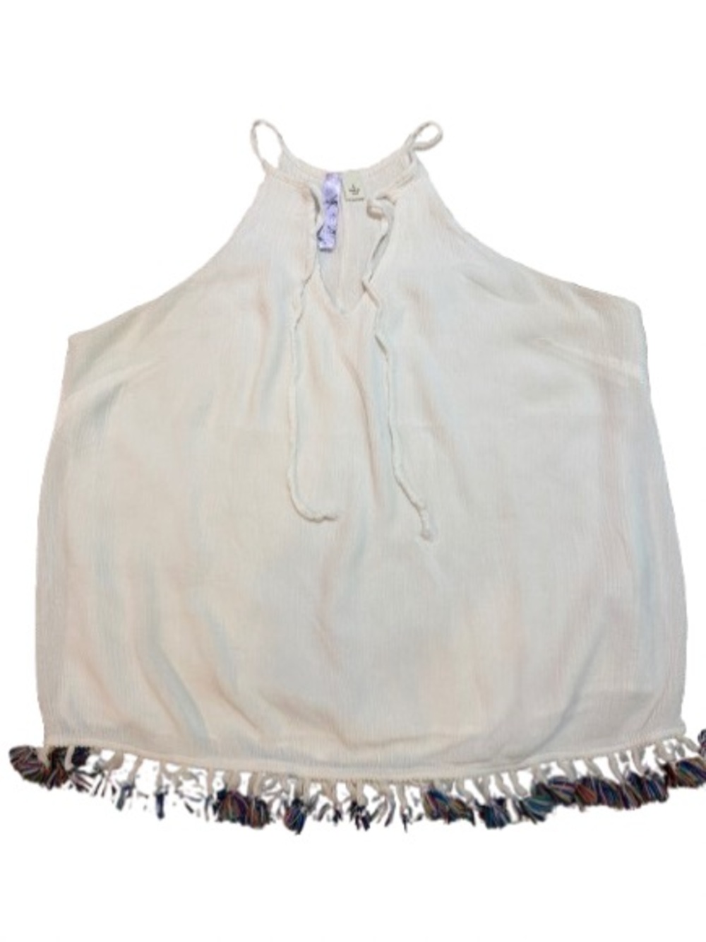 Francesca’s Alya Boho White Halter Top, Split Neck,Tie & Tassel Fringe Size L
